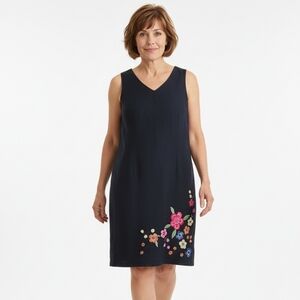 MV Linen Black Floral Embroidered Shift Knee Length Dress M (Q17)